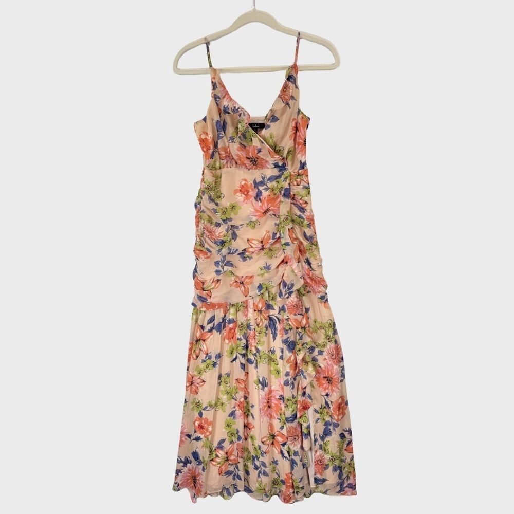 Lulus Dress Blush Pink Stunning Soiree Floral Ruched Midi V Neck Chiffon Small - Picture 2 of 12